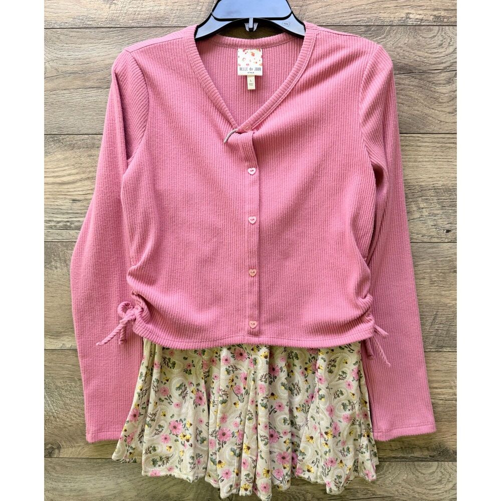 elle du Jour Girls Pink Floral Skirt Set Heart Buttons Size Large